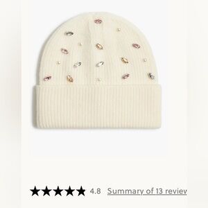 NWT J.Crew bejeweled beanie hat in cream with multi-colored rhinestones.